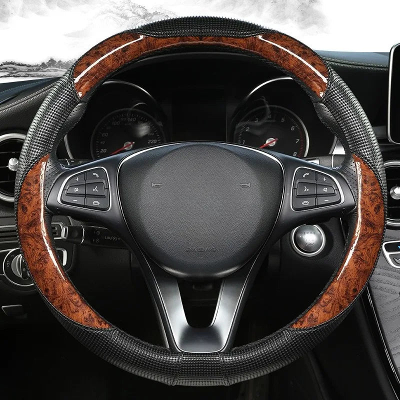 Wood Grain Leather Steering Wheel Cover – Universal 37–38CM Non-Slip O/D Shape Grip - Delicate Leather