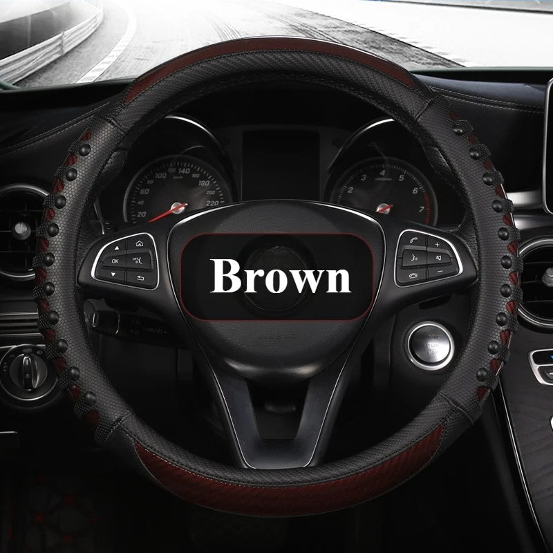 Carbon Fiber Leather Steering Wheel Cover – Universal Non-Slip Grip, Breathable Interior Car Accessory for 14.5–15 Inch Wheels - Delicate Leather  