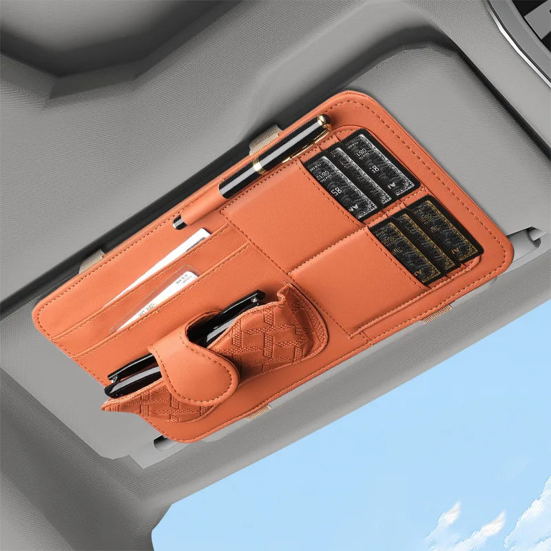 Car Sun Visor Organizer – PU Leather Multifunctional Storage with Glasses Clip, Card Slots & Pen Holders - Delicate Leather  