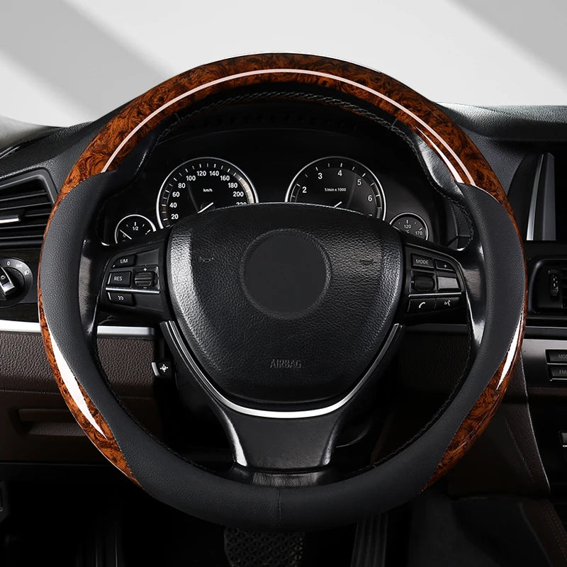 Wood Grain Microfiber Leather Steering Wheel Cover – Universal Fit 14.5–15 Inch, Anti-Slip Design, Durable & Comfortable Grip - Delicate Leather  