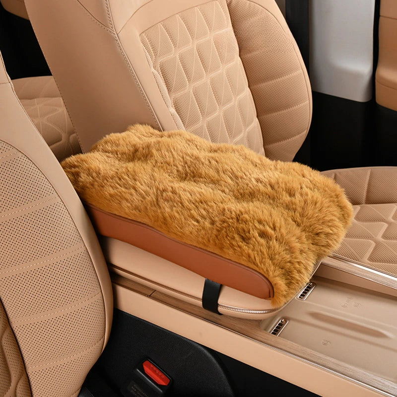 Plush Car Armrest Cushion with Tissue Box – Winter Fluffy Center Console Cover - Delicate Leather  