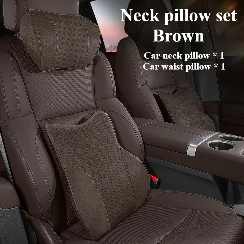 Memory Foam Car Headrest & Waist Pillow - Suede Leather Lumbar Support Seat Accessories - Neck Pillows & Back Cushion - Delicate Leather  