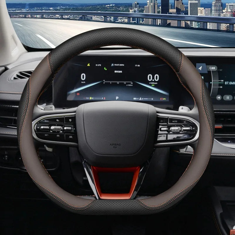 Nappa Leather Steering Wheel Cover – Universal 37–38cm Non-Slip Car Interior Accessory - Delicate Leather  