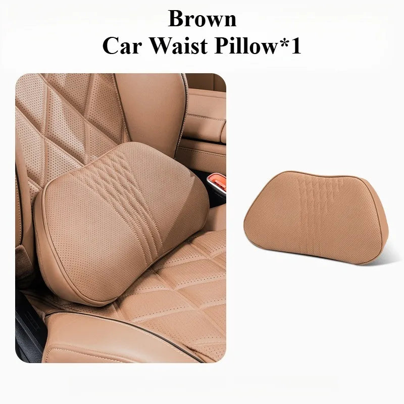 Soft Memory Foam Car Neck & Lumbar Pillow Set – Leather Headrest for Comfortable Driving - Delicate Leather  