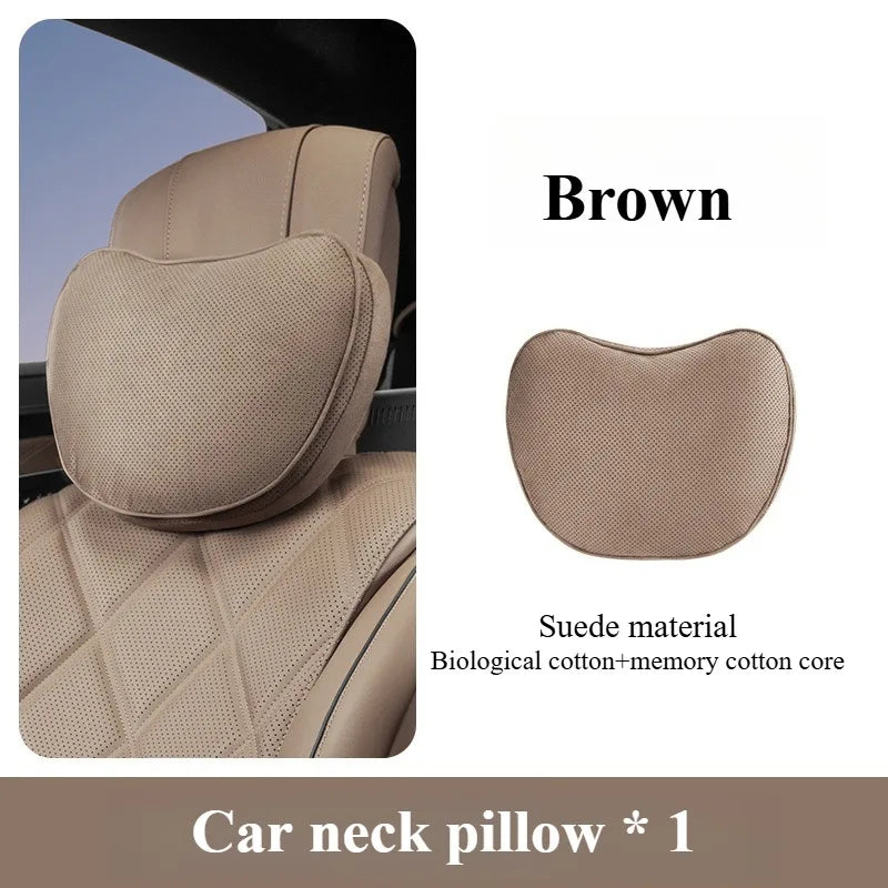 Suede Car Neck and Lumbar Support Set – Universal Ergonomic Headrest & Waist Pillow for Auto Seats - Delicate Leather  