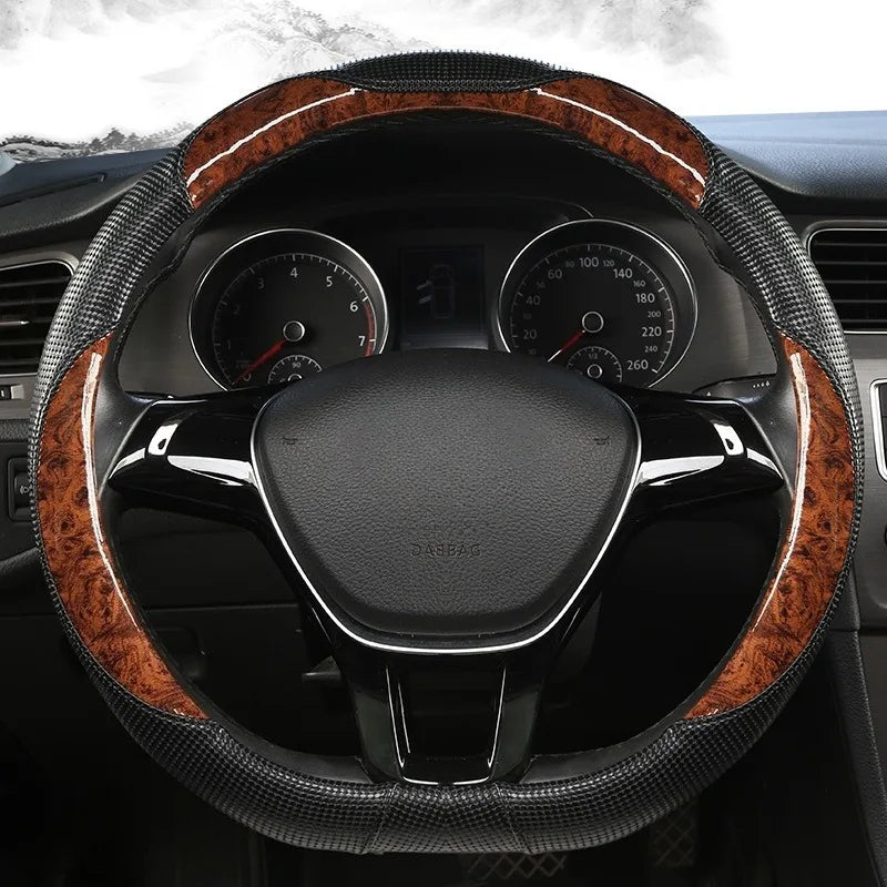 Wood Grain Leather Steering Wheel Cover – Universal 37–38CM Non-Slip O/D Shape Grip - Delicate Leather