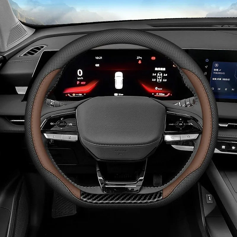 Universal Leather Steering Wheel Cover 38cm O/D Type – Non-Slip Breathable Car Interior Accessory - Delicate Leather  