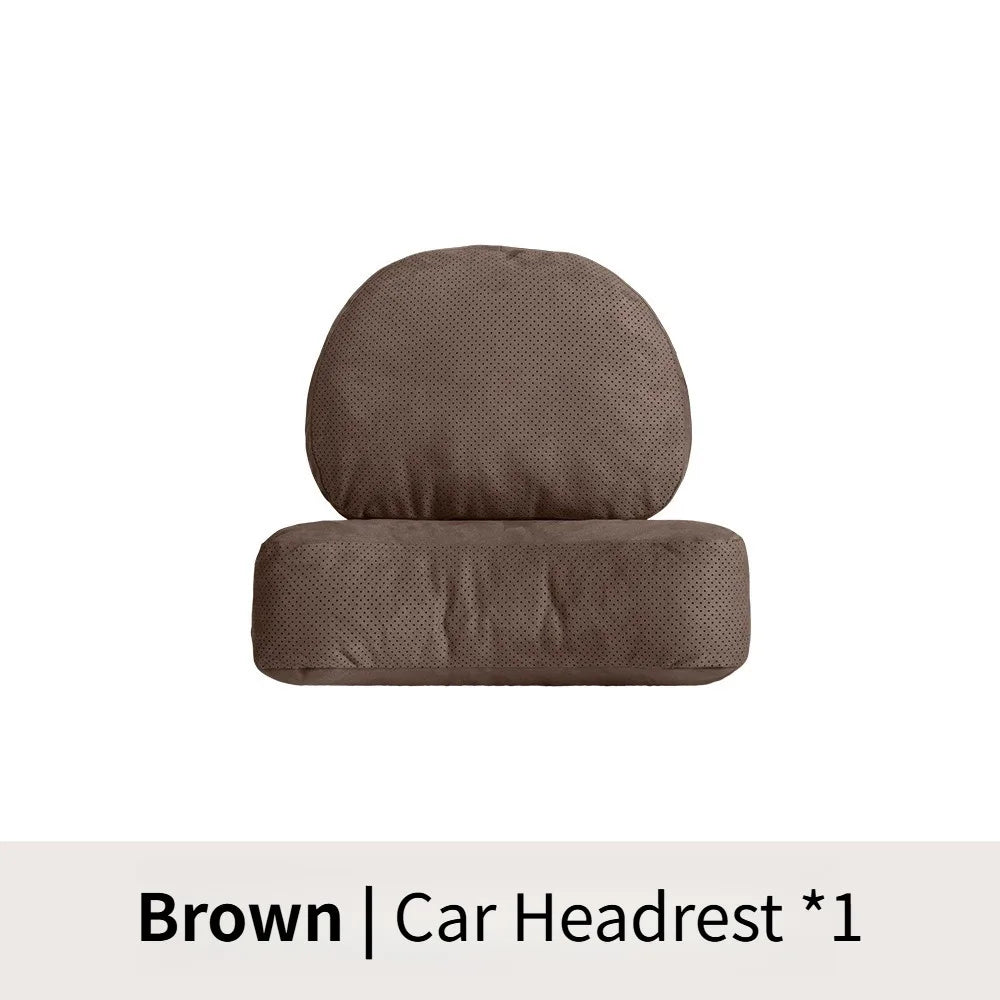 Suede Car Headrest and Lumbar Pillow Set – Universal Neck and Waist Support Cushions for Car Seats - Delicate Leather  