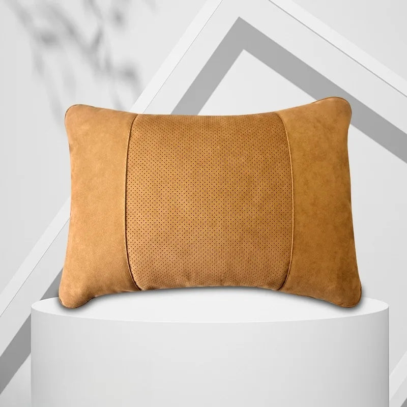 Suede Car Neck Pillow and Waist Cushion – Universal Soft Headrest & Lumbar Support for Comfortable Driving - Delicate Leather  