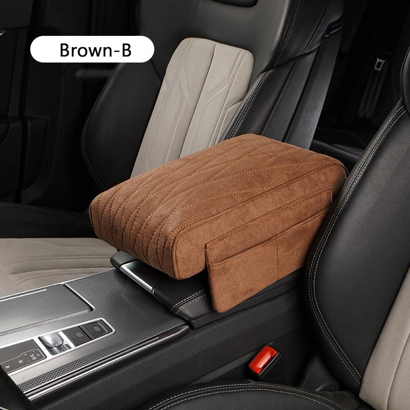Suede Car Armrest Cushion with Cup Holder – Memory Foam Center Console Pad, Universal Fit, Enhanced Elbow Support - Delicate Leather  