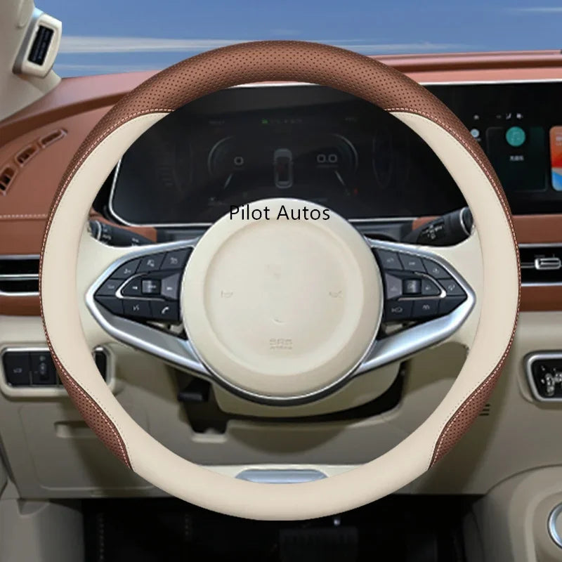 Original Colour Leather Steering Wheel Cover – Breathable Nappa Leather Protector, Custom Fit for ORA CAT / GWM ORA 03 Funky Cat - Delicate Leather  