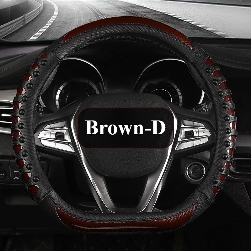 Carbon Fiber Leather Steering Wheel Cover – Universal Non-Slip Grip, Breathable Interior Car Accessory for 14.5–15 Inch Wheels - Delicate Leather  