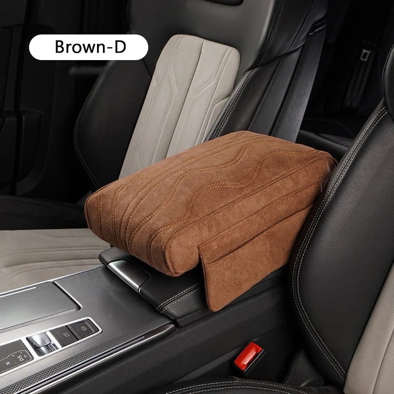 Suede Car Armrest Cushion with Cup Holder – Memory Foam Center Console Pad, Universal Fit, Enhanced Elbow Support - Delicate Leather  