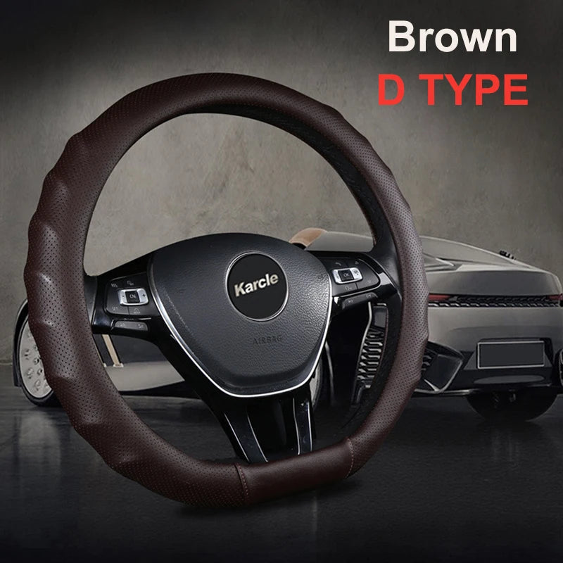3D PU Leather Steering Wheel Cover – Universal 15 Inch O/D Type, Anti-Slip Grip, Four-Season Car Interior Protection - Delicate Leather  