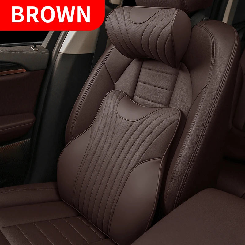 Universal Genuine Leather Neck Pillow & Lumbar Support – Anti-Slip Car Headrest Cushion for All-Season Comfort - Delicate Leather  