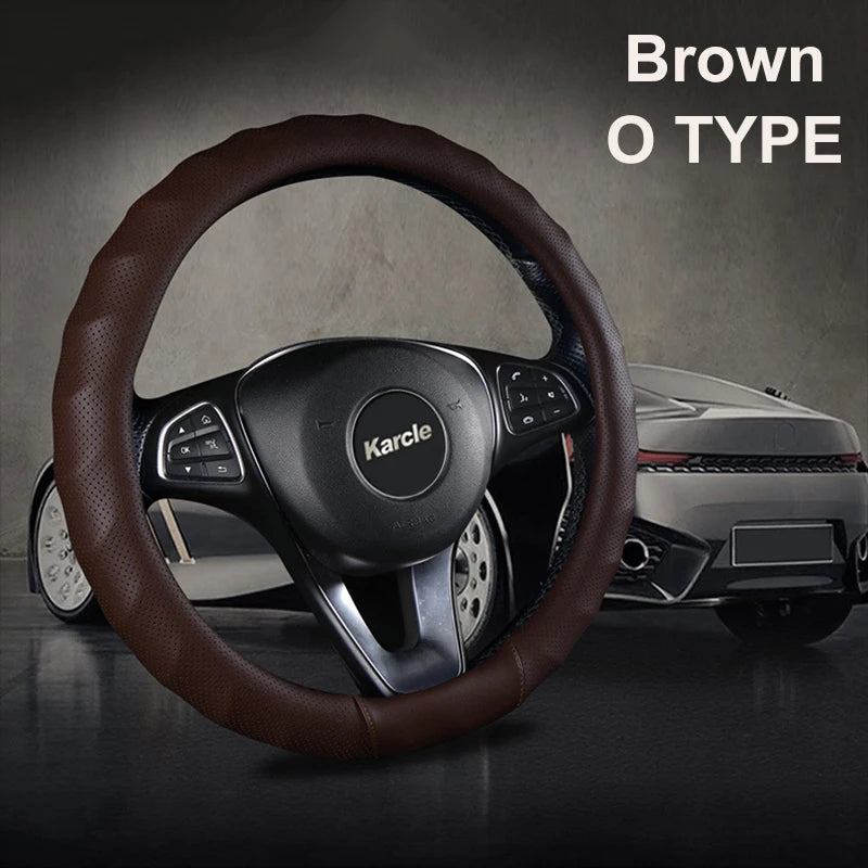 3D PU Leather Steering Wheel Cover – Universal 15 Inch O/D Type, Anti-Slip Grip, Four-Season Car Interior Protection - Delicate Leather  