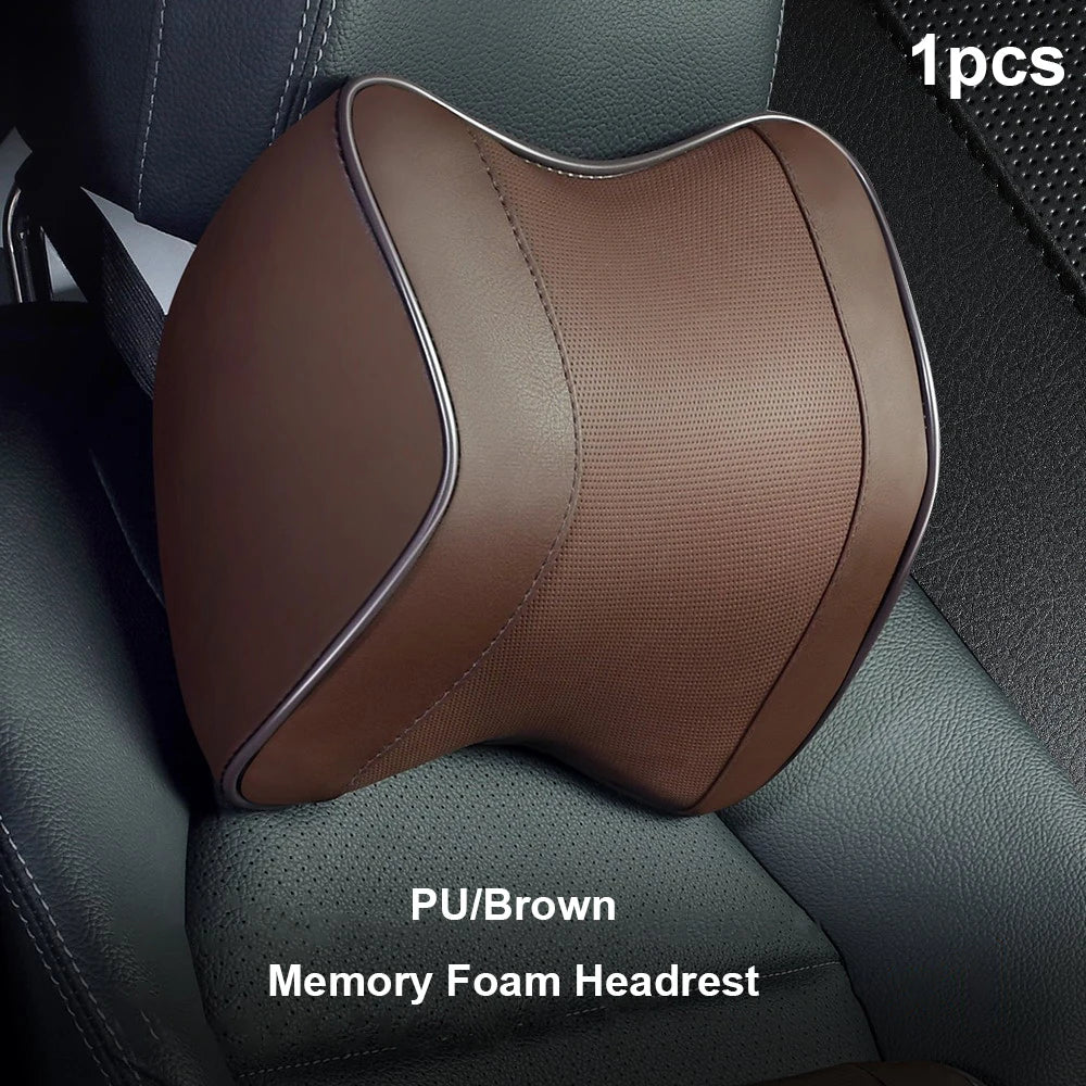 Universal Breathable Memory Foam Car Headrest Pillow – Neck Support Cushion & Lumbar Guard for Comfortable Driving - Delicate Leather  