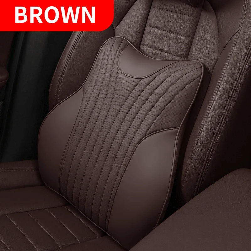 Universal Genuine Leather Neck Pillow & Lumbar Support – Anti-Slip Car Headrest Cushion for All-Season Comfort - Delicate Leather  