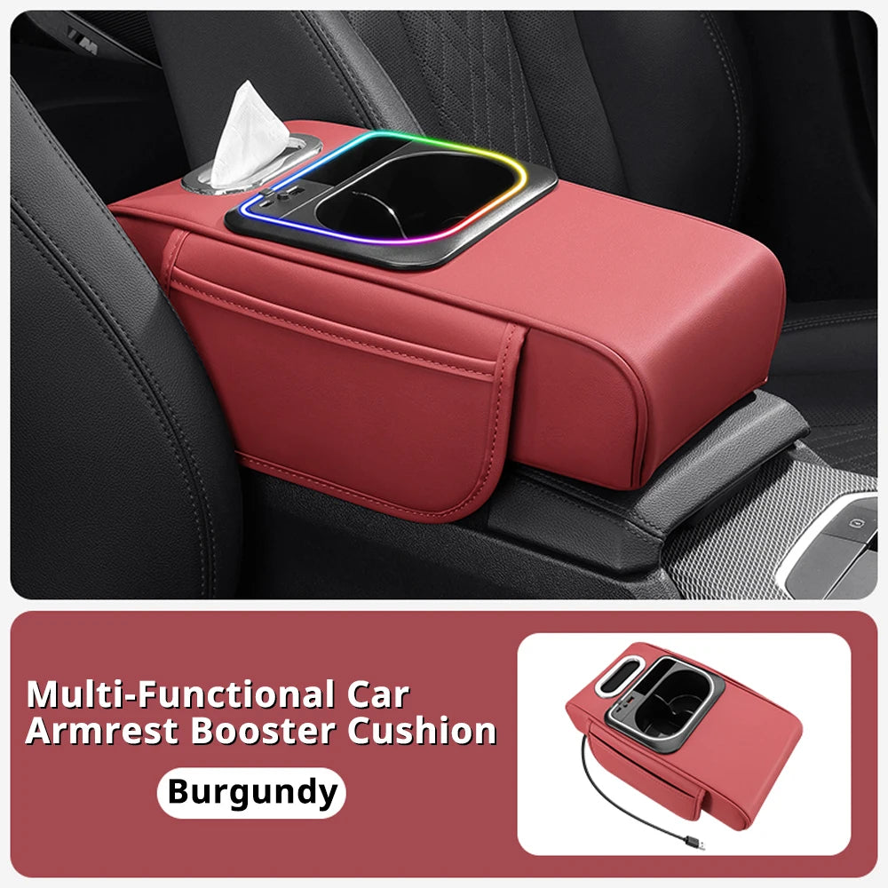 Multi-Functional Car Armrest Cushion with Storage Organizer, Cup Holder, Tissue Slot & Phone Holder - Delicate Leather  