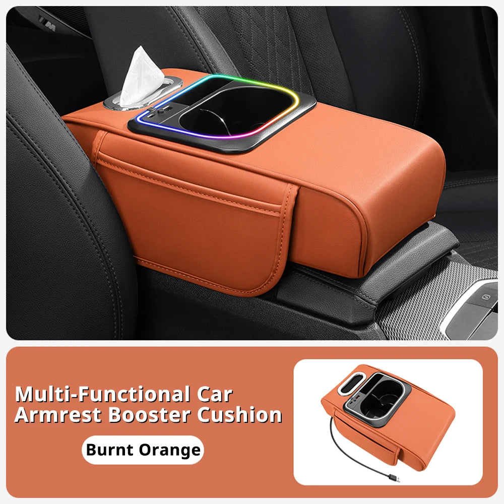 Multi-Functional Car Armrest Cushion with Storage Organizer, Cup Holder, Tissue Slot & Phone Holder - Delicate Leather  
