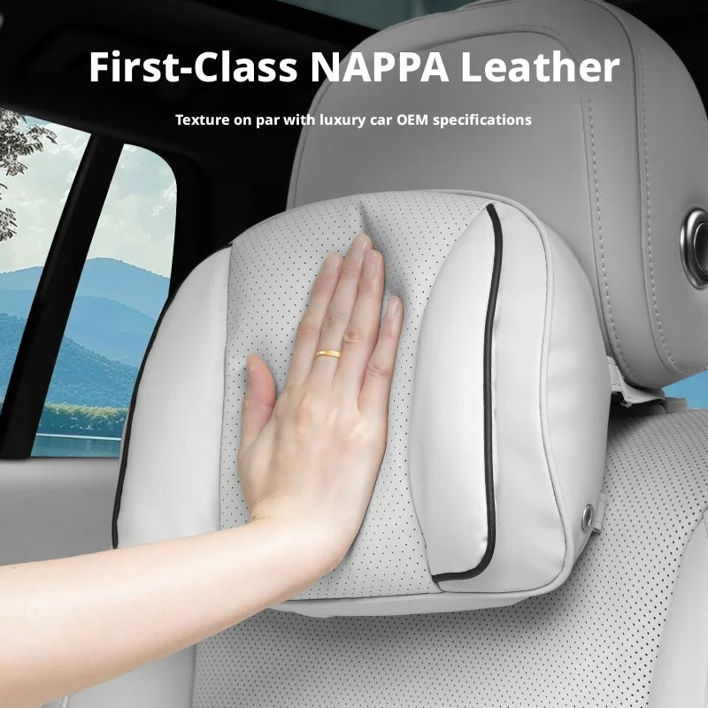 Premium Car Headrest & Lumbar Pillow – Universal Adjustable Neck & Back Cushion - Delicate Leather