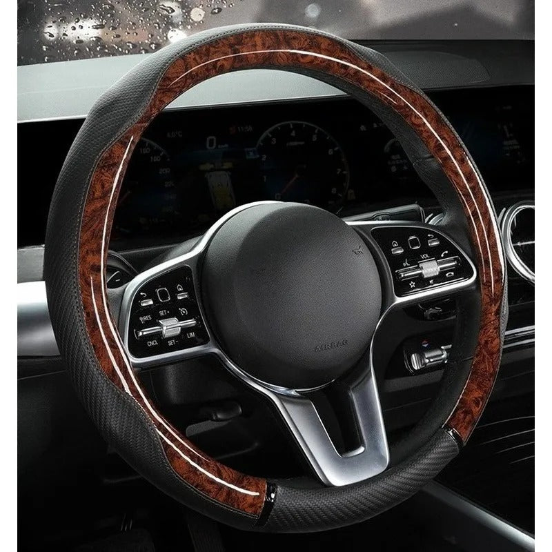 Wood Grain Leather Steering Wheel Cover – Universal 38CM Anti-Slip O/D Shape Grip - Delicate Leather