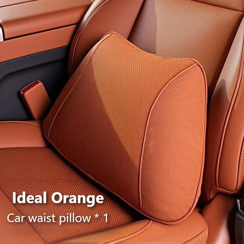 Premium Suede Car Neck & Lumbar Support Pillow Set – Universal Headrest and Waist Cushion for Cars, SUVs & Trucks - Delicate Leather