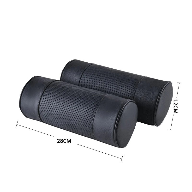 Genuine Cowhide Leather Car Neck Pillow – Cylindrical Memory Foam Cushion for Car & Office - Delicate Leather