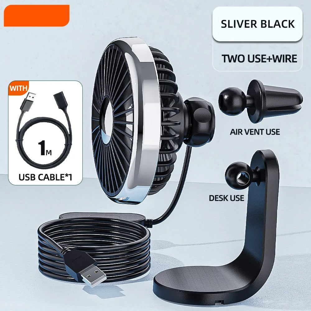 12–24V Mini Car Air Outlet Fan with LED Lighting – USB Powered, 360° Rotating, 3-Speed Cooling Fan for Car, Office & Home Use - Delicate Leather  