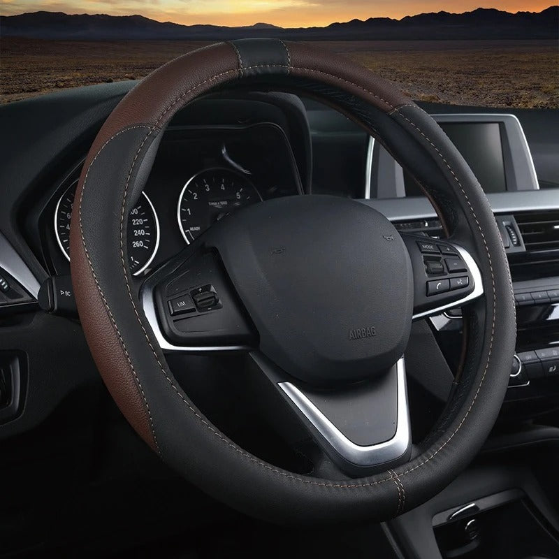 38CM Universal Faux Leather Steering Wheel Cover – Non-Slip Car Interior Handle Protector, All-Season Steering Wheel Wrap - Delicate Leather