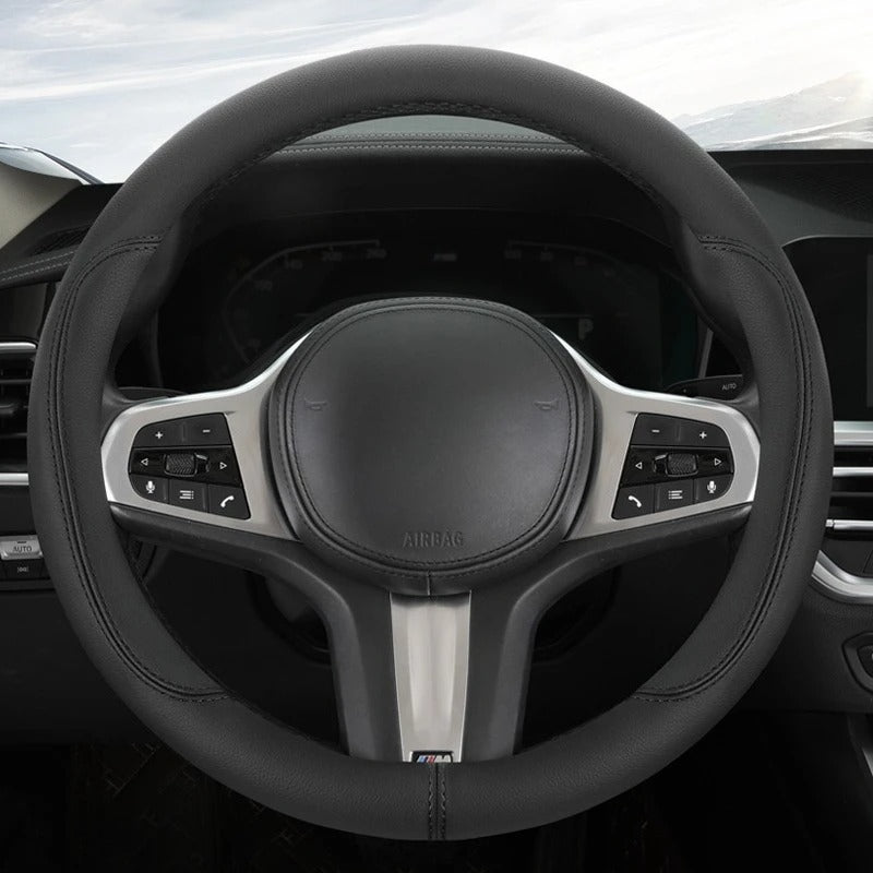 Color-Blocked PU Leather Steering Wheel Cover – Universal 14.5–15 Inch Breathable Non-Slip Grip - Delicate Leather