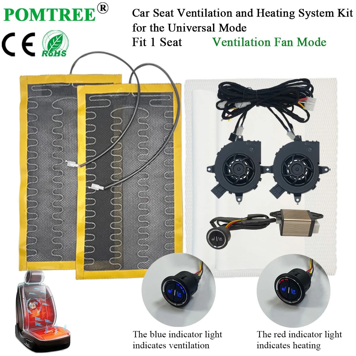 Universal Car Seat Heating & Ventilation Kit 1 Seat – Alloy Wire Heating Pad, Cooling Fan & 3-Level Switch - Delicate Leather