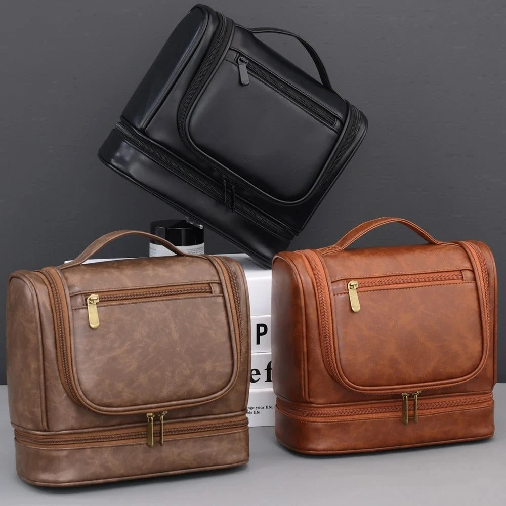 Men's PU Leather Toiletry Bag – Large Capacity Waterproof Travel Toiletry & Makeup Storage Bag with Handle - Delicate Leather