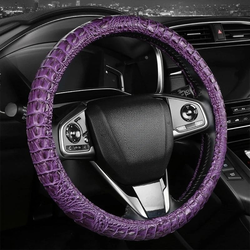 Crocodile-Texture Leather Steering Wheel Cover – Anti-Slip, Universal 14.5–15 Inch (37–38cm)