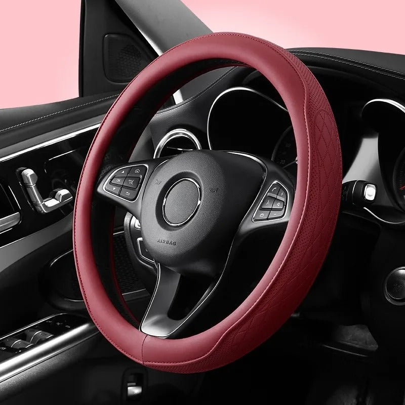 Embossed PU Leather Steering Wheel Cover – Anti-Slip Universal 15-Inch Fit - Delicate Leather  