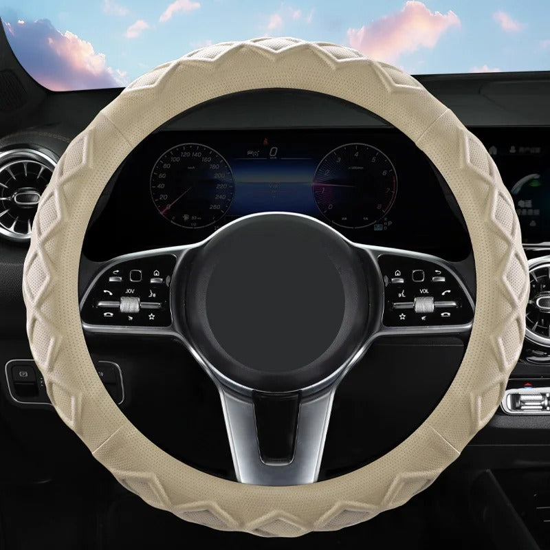 Rhombus Pattern PU Leather Steering Wheel Cover – O-Type Minimalist Non-Slip Grip - Delicate Leather