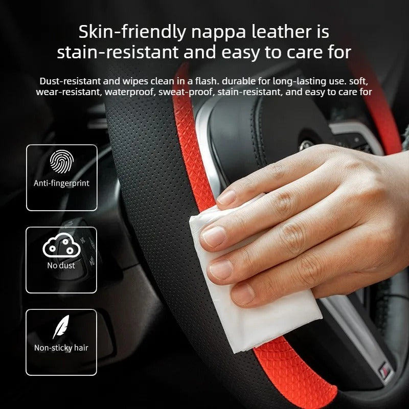 Nappa Leather Steering Wheel Cover – Non-Slip Universal 38 cm
