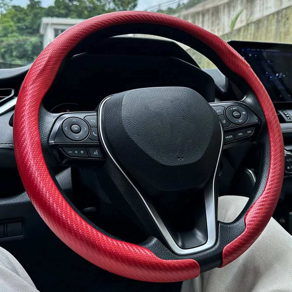 3D Carbon Fiber Texture Steering Wheel Cover – Universal Fit 38cm, Non-Slip, Synthetic Leather - Delicate Leather