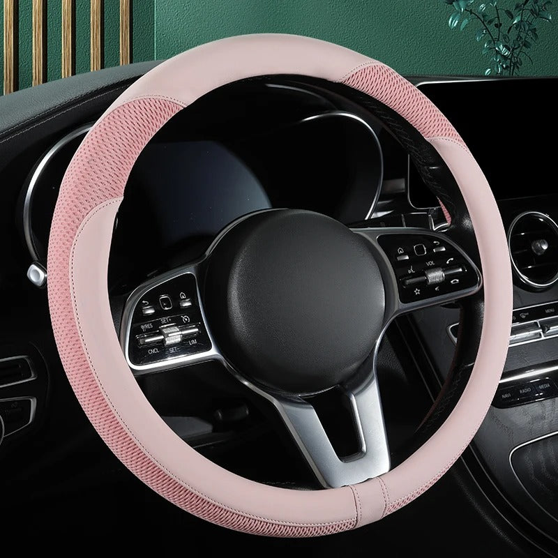 Premium Leather & Ice Silk Steering Wheel Cover – Breathable Mesh, Stitched Design, Universal 14.5–15 Inch, All Seasons - Delicate Leather  