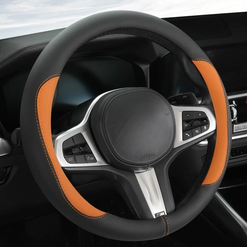 Color-Blocked PU Leather Steering Wheel Cover – Universal 14.5–15 Inch Breathable Non-Slip Grip - Delicate Leather