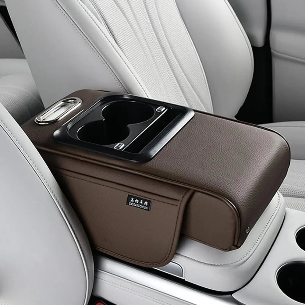 Multi-Functional Car Cup Holder & Armrest Organizer – Center Console Pad with Phone Storage - Delicate Leather  