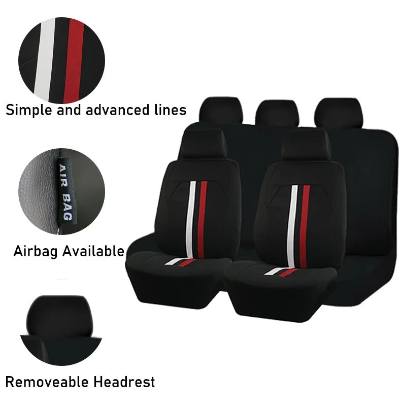 Universal Red & White Stripe Car Seat Covers – Polyester Airbag Compatible Seat Protector Set - Delicate Leather