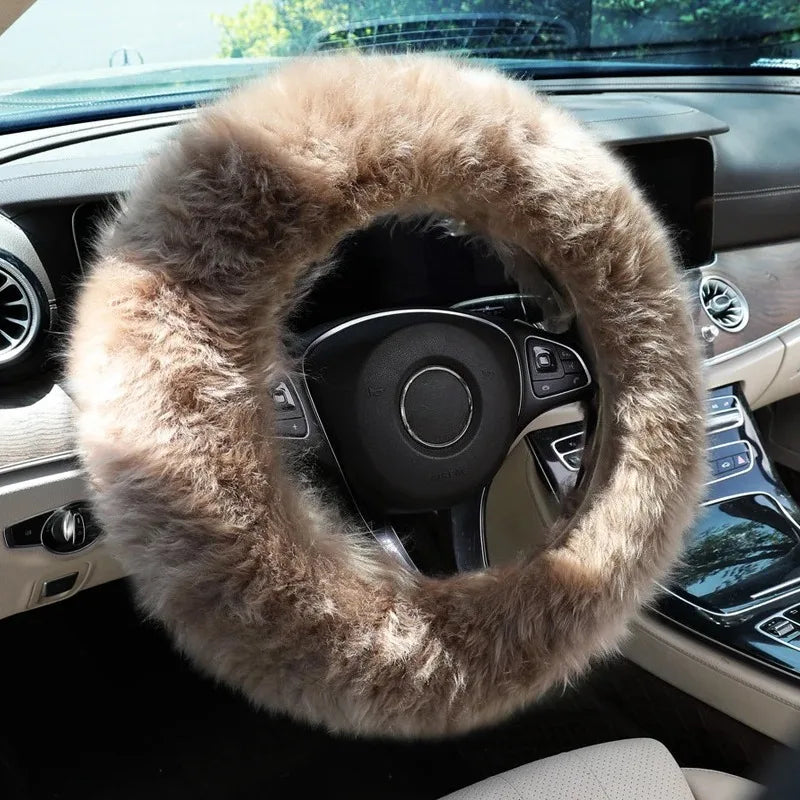 Winter Long Plush Wool Steering Wheel Cover – Soft Thick Warm Grip with Non-Slip Inner Ring, Universal O / D / Dual-D - Delicate Leather  