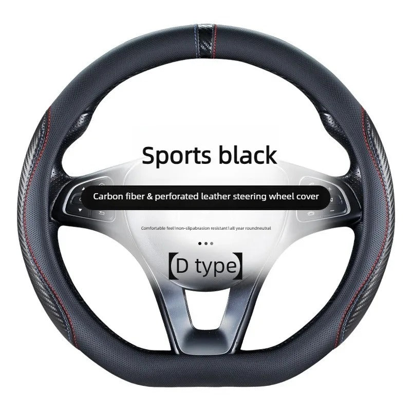 Carbon Fiber Microfiber Leather Steering Wheel Cover – Universal 37–38CM O/D Shape Non-Slip Grip - Delicate Leather