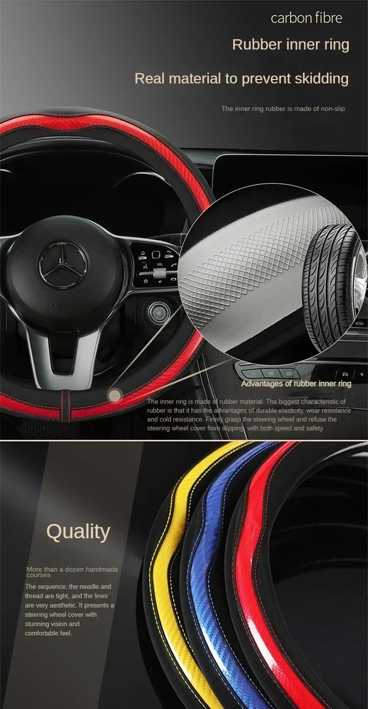PU Leather and Carbon Fiber Steering Wheel Cover – Non-Slip Grip, Universal Fit 38 cm, All-Season Car Interior Accessory - Delicate Leather  