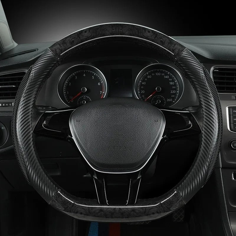 Carbon Fiber Steering Wheel Cover 38cm O/D Type – Universal Non-Slip Faux Leather Car Steering Wheel Protector - Delicate Leather