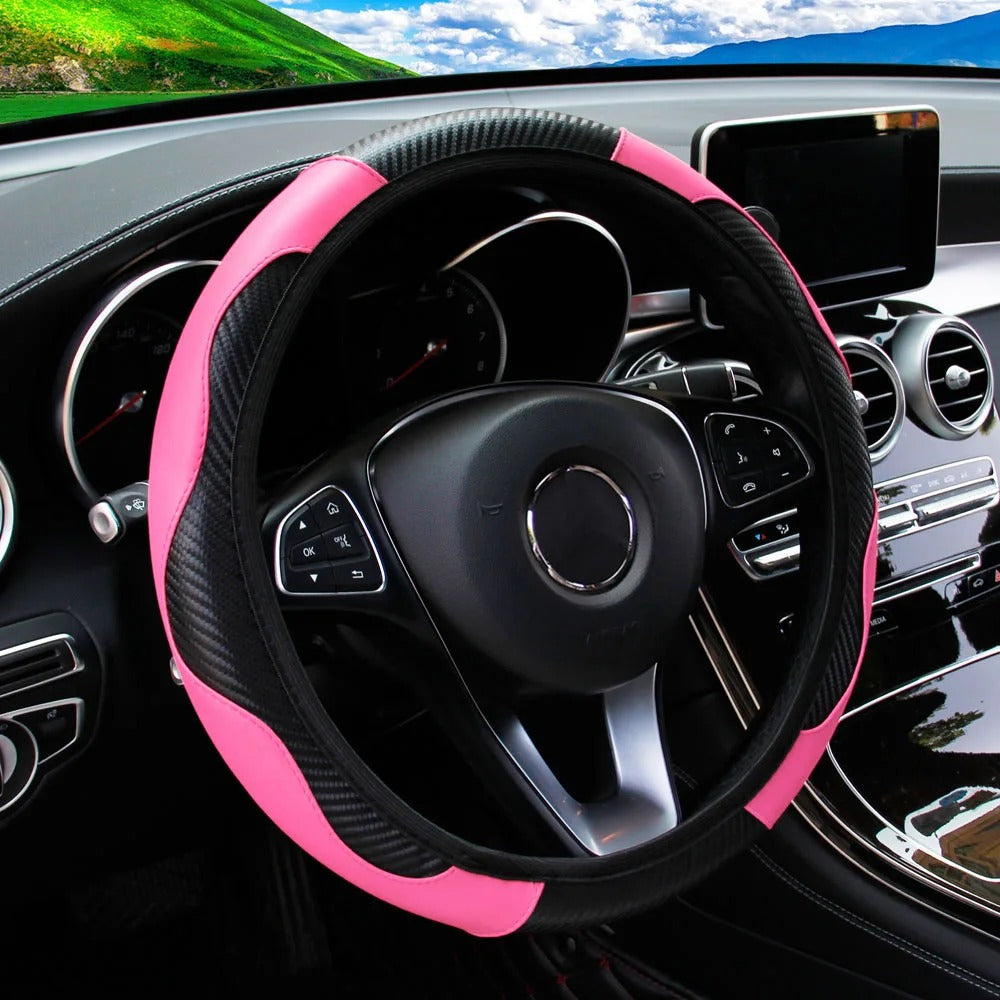 PU Carbon Fiber Steering Wheel Cover – Fits 14.5 to 15 Inch Wheels - Delicate Leather  