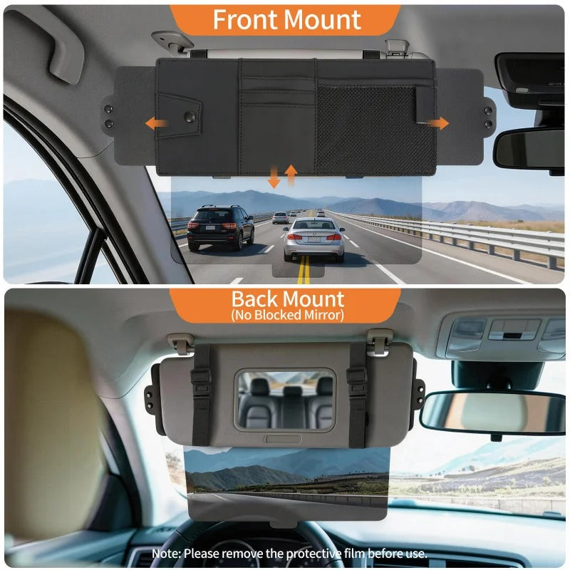 Car Sun Visor Extension – UV Sun Blocker with Storage Organizer & Sunglasses Holder - Delicate Leather