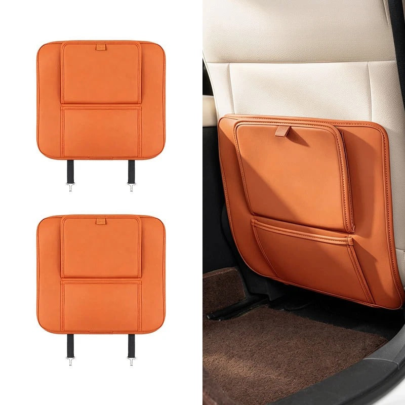 PU Leather Car Seat Back Protector – Anti-Kick Mat with Dual Storage Pockets