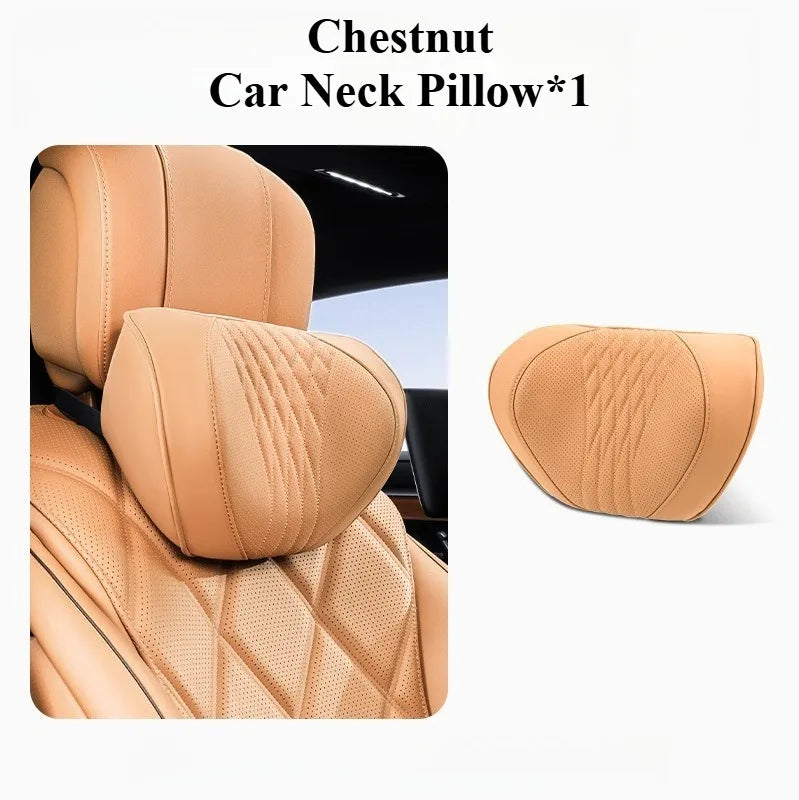 Soft Memory Foam Car Neck & Lumbar Pillow Set – Leather Headrest for Comfortable Driving - Delicate Leather  